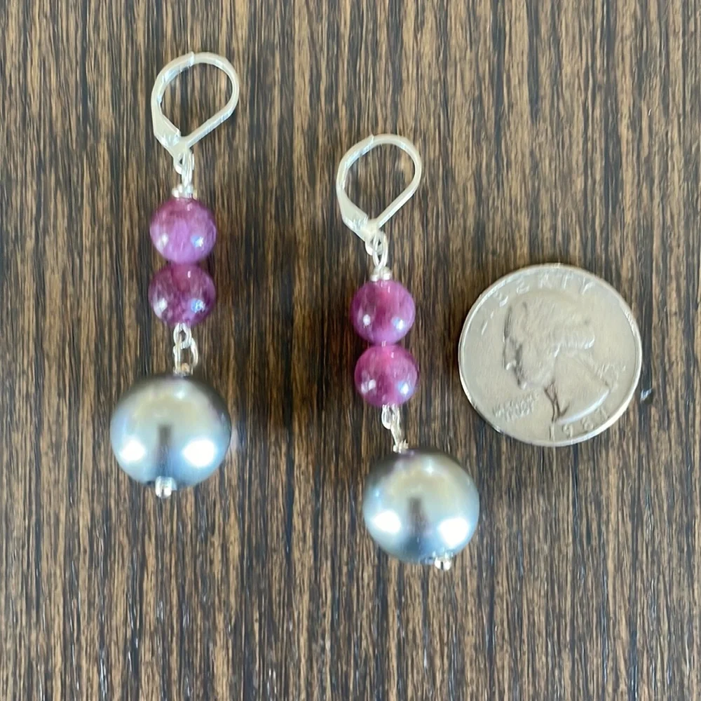 HAND CRAFTED BON BON EARRINGS Purple Lepodite Silver Glass Pearl Ball Drop